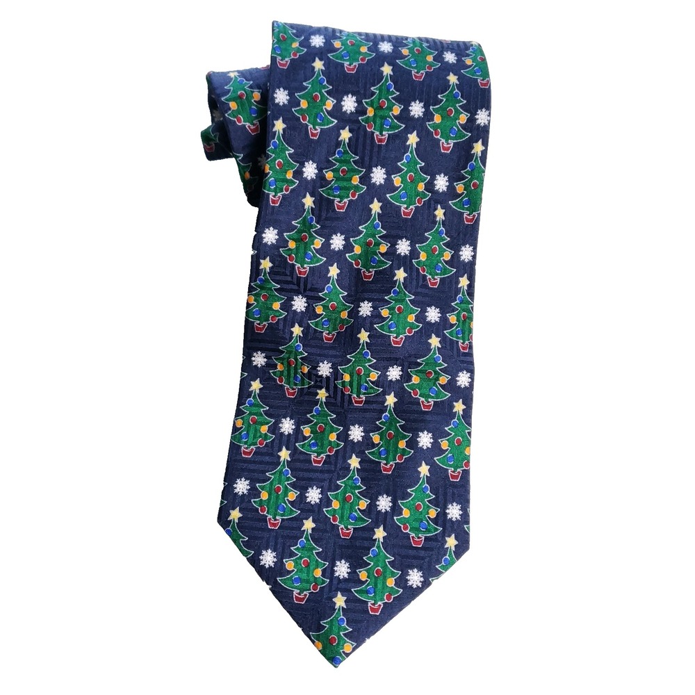 F N Christmas Tree Snowflake Tie Navy Holiday Novelty Mens Necktie